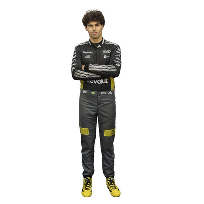 Gabriel Bortoleto wearing a Audi Monaco GP racing suit with various sponsor logos with Front View