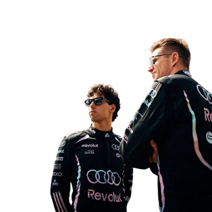 Gabriel Bortoleto & Nico Hulkenberg wearing a Audi Miami GP racing suit with various sponsor logos with Front View