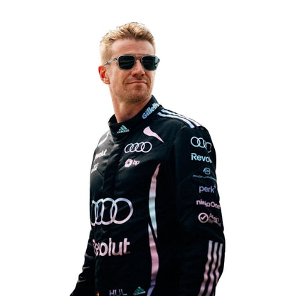 Nico Hulkenberg wearing a Audi Miami GP racing suit with various sponsor logos with Close View