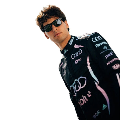 Gabriel Bortoleto wearing a Audi Miami GP racing suit with various sponsor logos with Front View