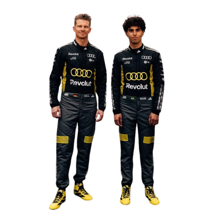 Gabriel Bortoleto & Nico Hulkenberg wearing a Audi monaco GP racing suit with various sponsor logos with Front View