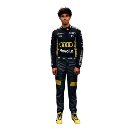 Gabriel Bortoleto wearing a Audi monaco GP racing suit with various sponsor logos with Front View