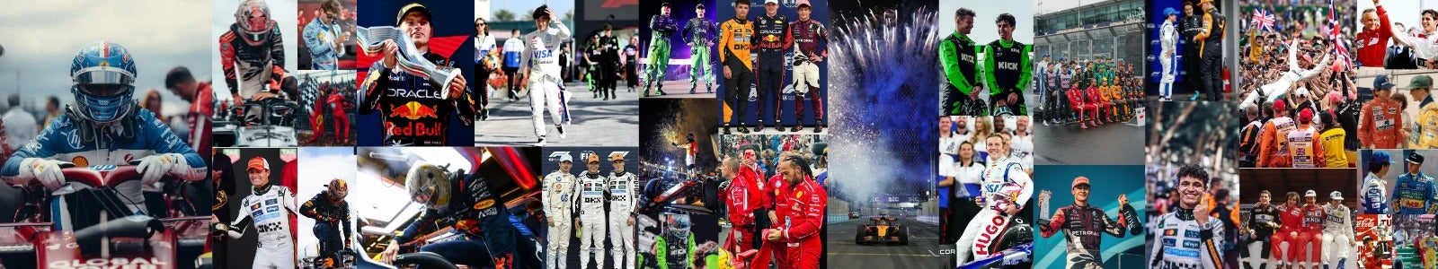 Collage of various racing scenes with drivers and cars - Stormx Gear