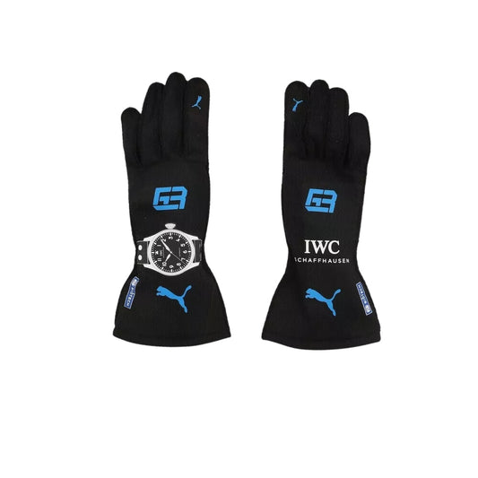 Black George Russell 2022 F1 race gloves with blue branding on a white background