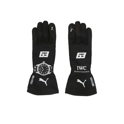 Pair of black George Russell 2023 F1 race gloves with brand logos on a white background