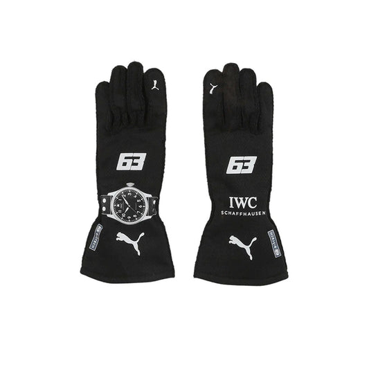 Pair of black George Russell 2023 F1 race gloves with brand logos on a white background