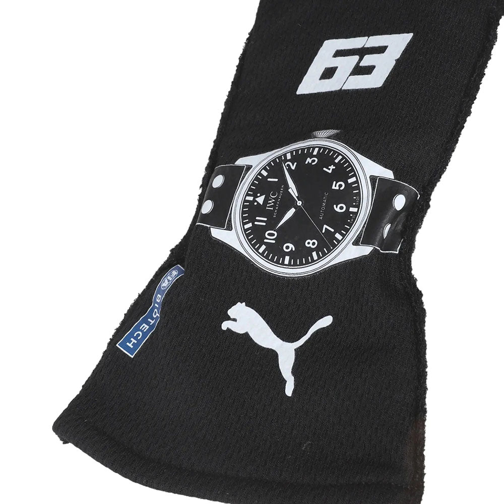 Black George Russell 2023 F1 race gloves with a watch and Puma logo on a white background