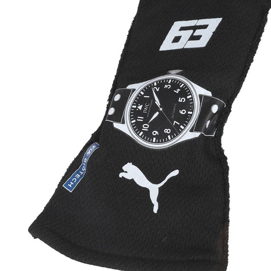 Black George Russell 2023 F1 race gloves with a watch and Puma logo on a white background