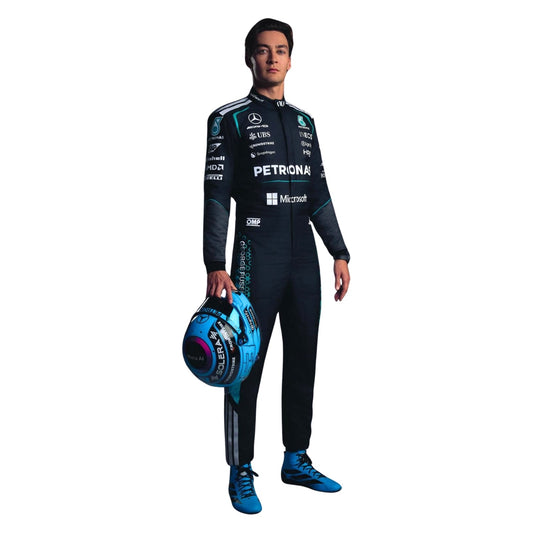 George Russell wearing a Mercedes racing suit with various sponsor logos with Right View