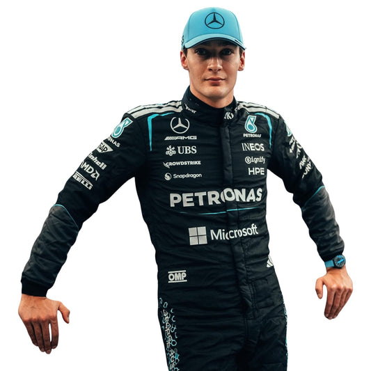 George Russell wearing a Mercedes racing suit with various sponsor logos with Close View