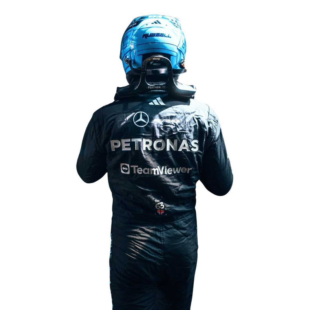 George Russell wearing a Mercedes racing suit with various sponsor logos with Close View