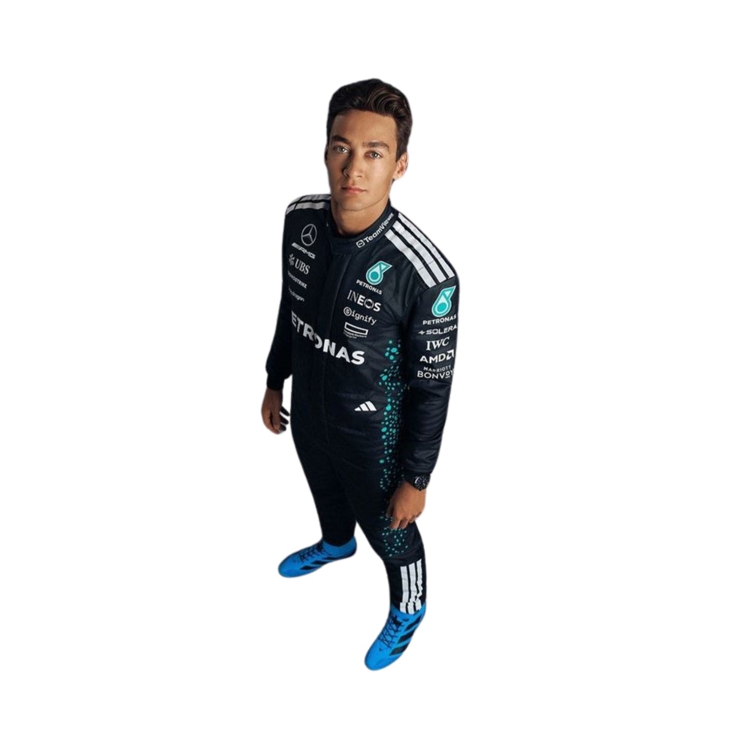 Front view of George Russell’s 2025 F1 racing suit in black and white with silver accents, showcasing race number 63 on the chest.