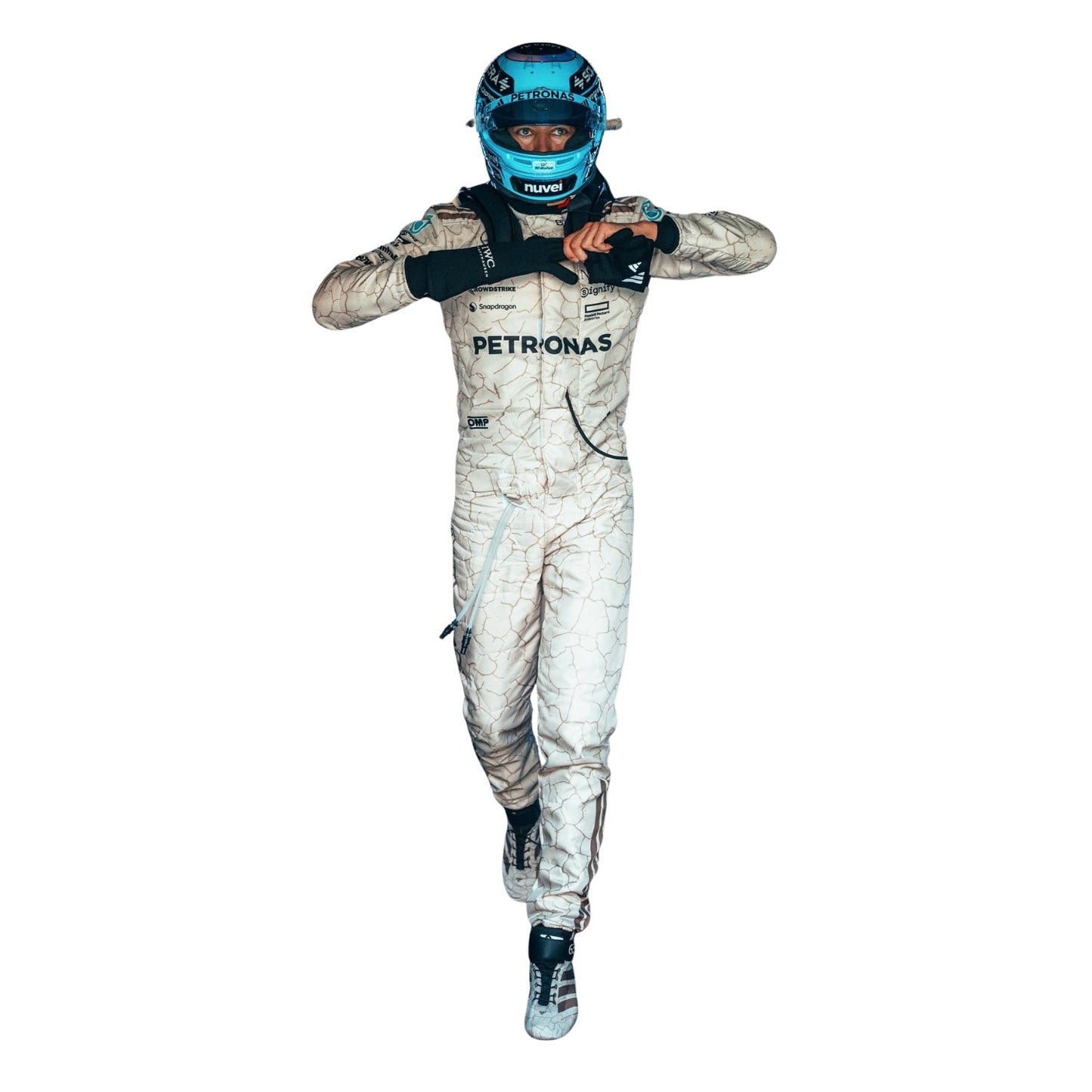 Russell 2025 USA Austin GP inspired by the Mojave Desert F1 racing suit front view with light blue details