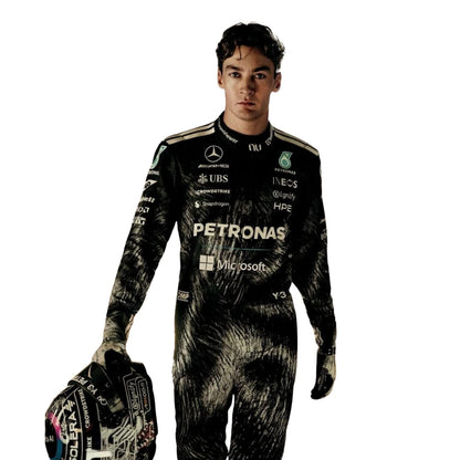 George Russell wearing a Mercedes Japanese GP racing suit with various sponsor logos with Close View