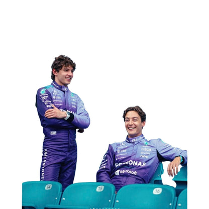 George Russell wearing a Mercedes Miami GP racing suit with various sponsor logos with Close View