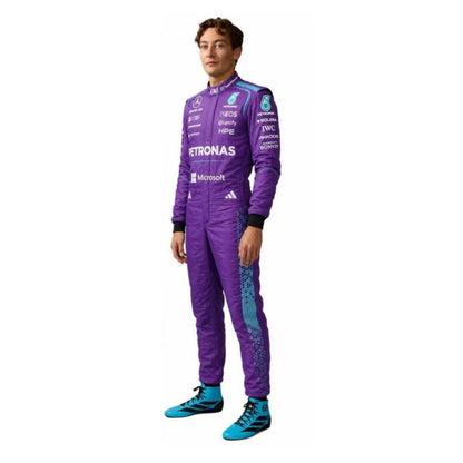 George Russell wearing a Mercedes Miami GP racing suit with various sponsor logos with Close View