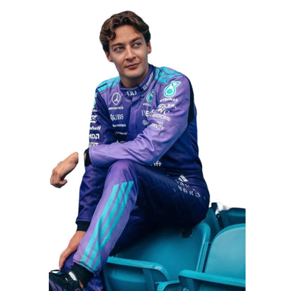 George Russell wearing a Mercedes Miami GP racing suit with various sponsor logos with Close View