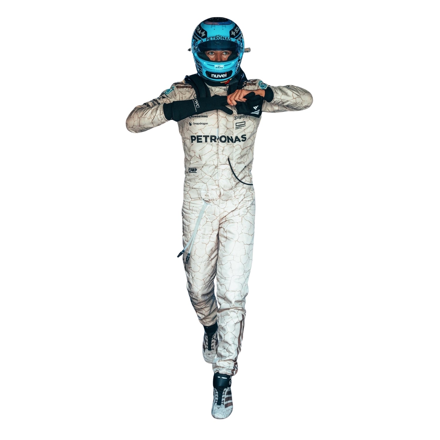 Russell 2025 USA Austin GP inspired by the Mojave Desert F1 racing suit front view with light blue details