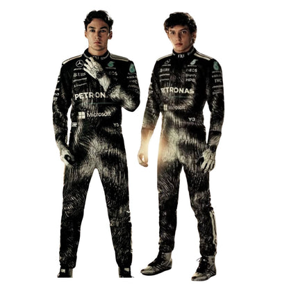 George Russell & Andrea Kimi Antonell wearing a Mercedes Japanese GP racing suit with various sponsor logos with Front View