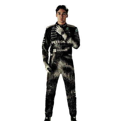 George Russell wearing a Mercedes Japanese GP racing suit with various sponsor logos with Close View