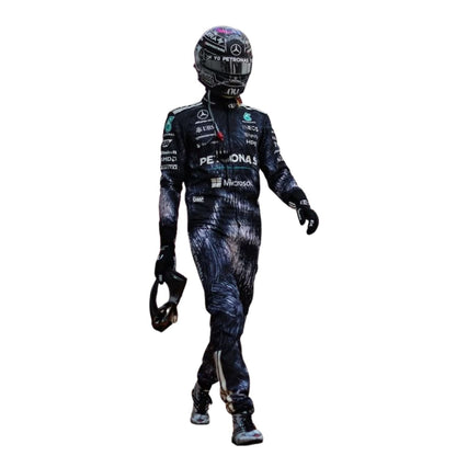George Russell wearing a Mercedes Japanese GP racing suit with various sponsor logos with Close View