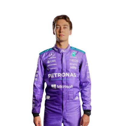 George Russell wearing a Mercedes Miami GP racing suit with various sponsor logos with Close View