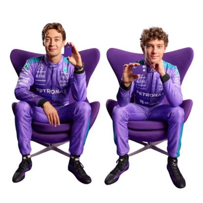 George Russell wearing a Mercedes Miami GP racing suit with various sponsor logos with Close View