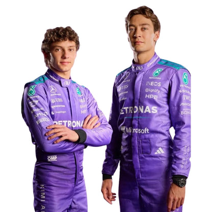 George Russell & Andrea Kimi Antonelli wearing a Mercedes Miami GP racing suit with various sponsor logos with Close View