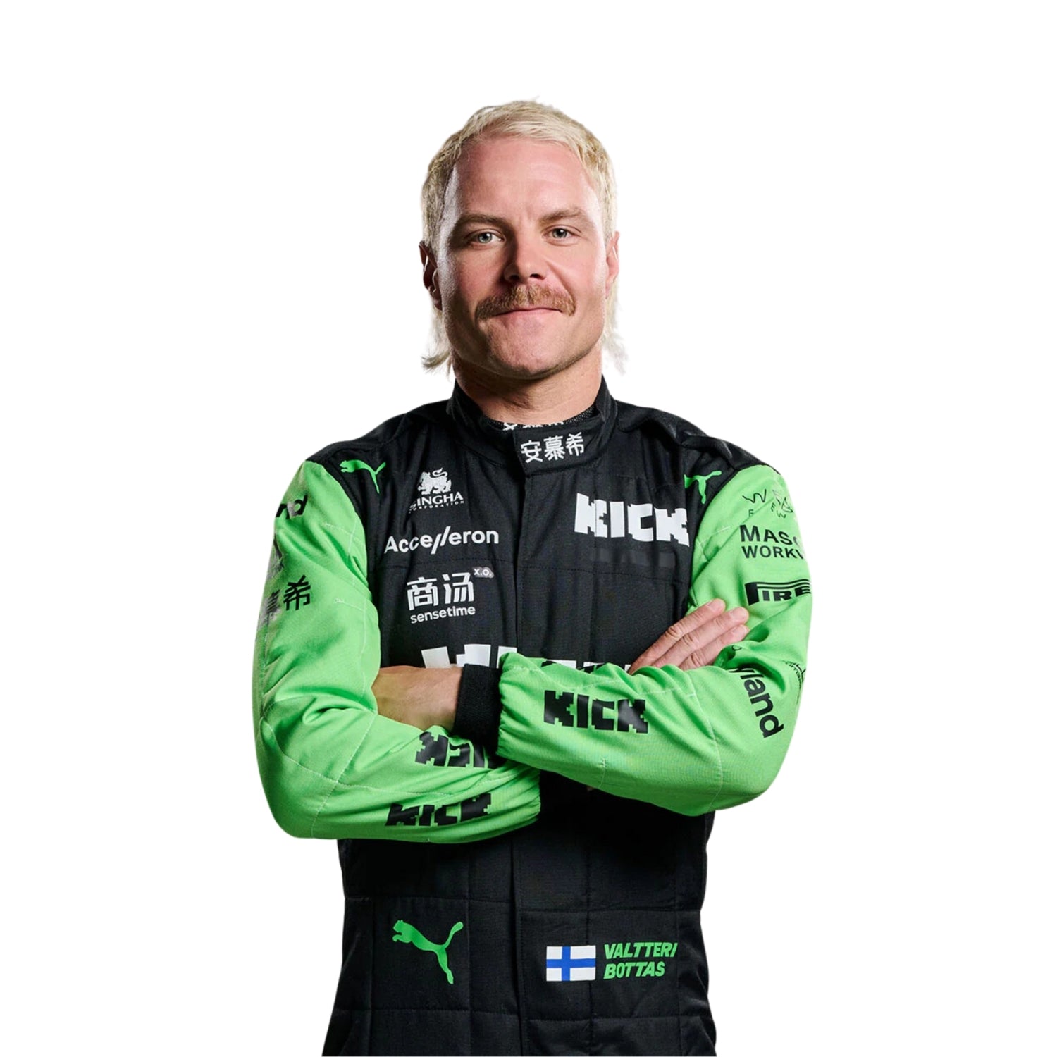 Valtteri Bottas wearing a green and black Alfa Romeo f1 racing suit with various sponsor logos on a white background
