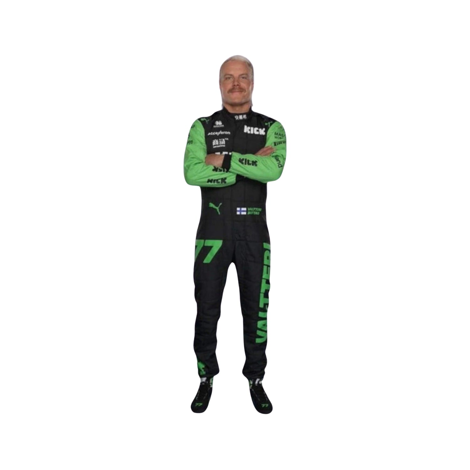 Valtteri Bottas Alfa Romeo wearing a black and green racing suit on a white background