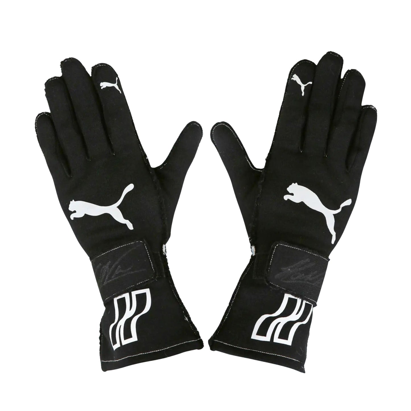 Pair of black Helio Castroneves 2017/18 IndyCar IMSA race gloves with Puma logo on a white background