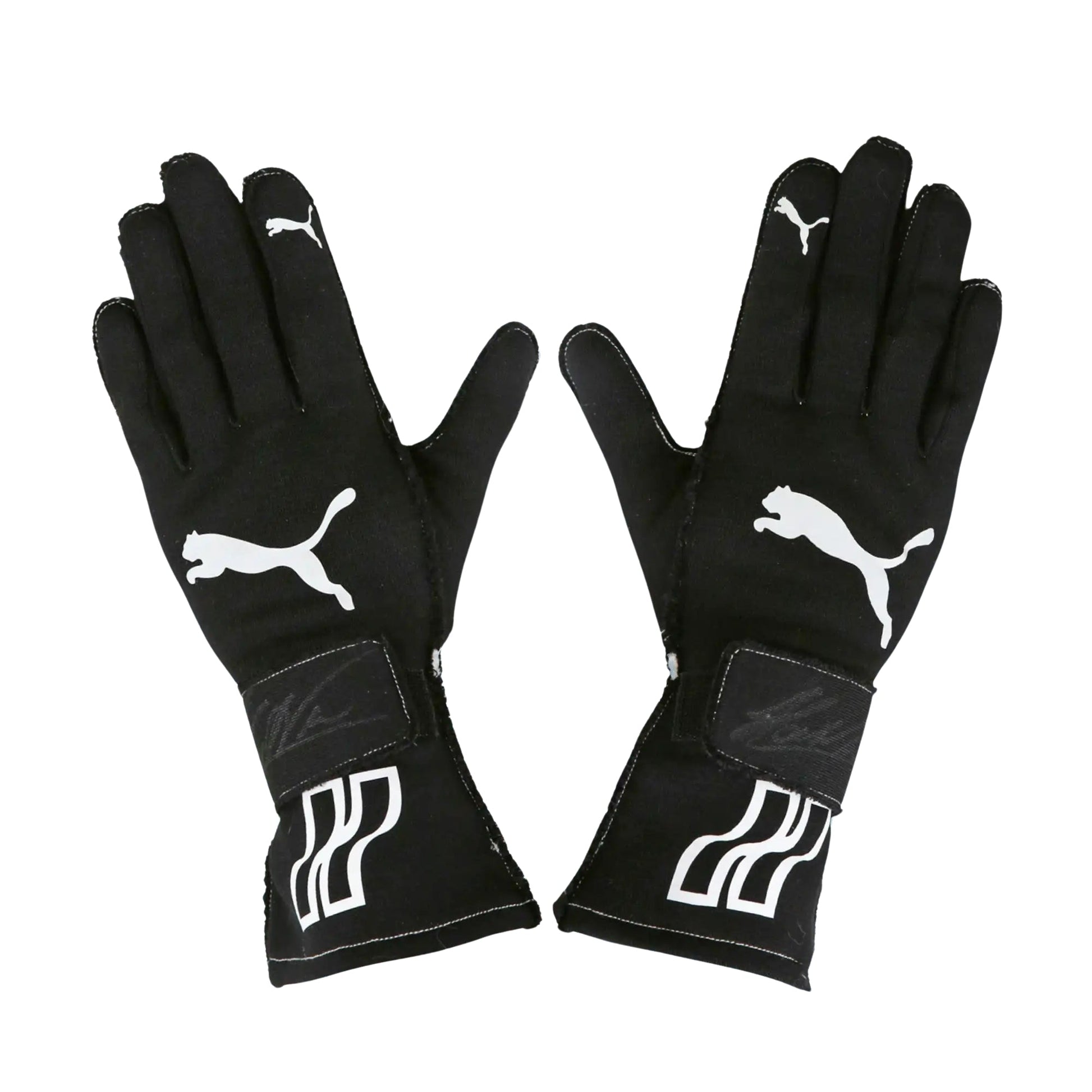 Pair of black Helio Castroneves 2017/18 IndyCar IMSA race gloves with Puma logo on a white background