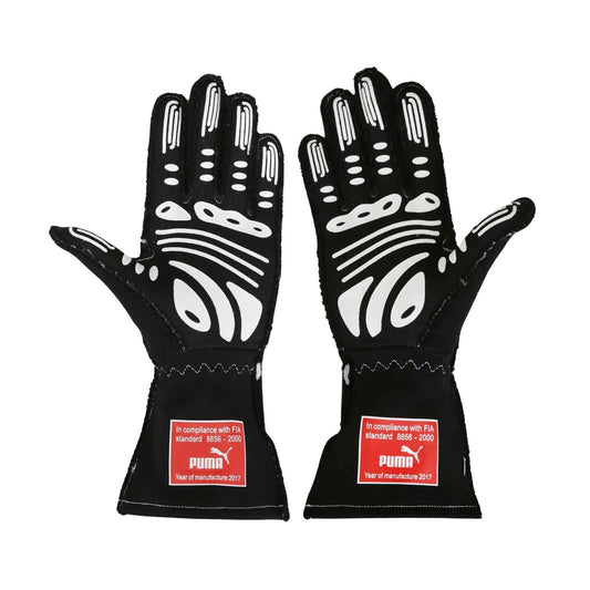 Black Helio Castroneves 2017/18 IndyCar IMSA race gloves with white patterns and Puma labels on a white background