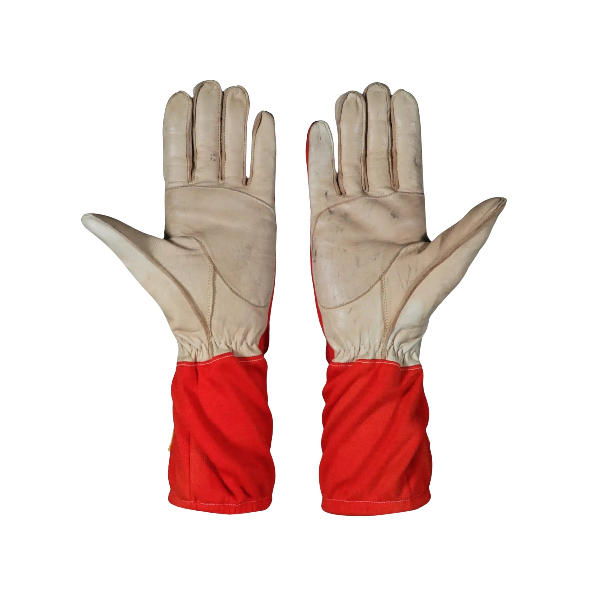 Pair of leather Castroneves 2017 IndyCar race gloves with red cuffs on a white background