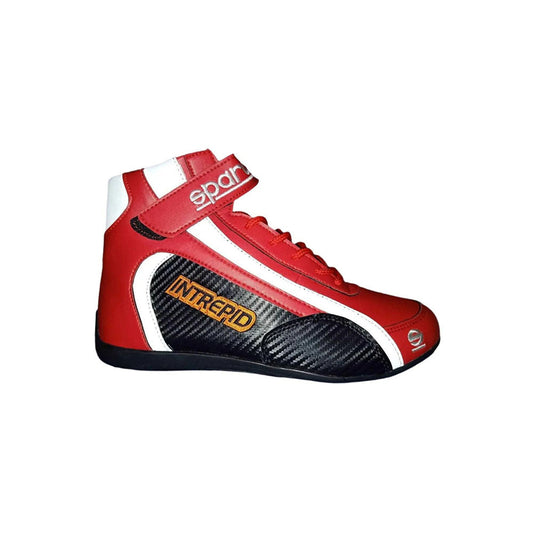Red Intrepid 2020 Kart race shoe with black and white accents on a white background