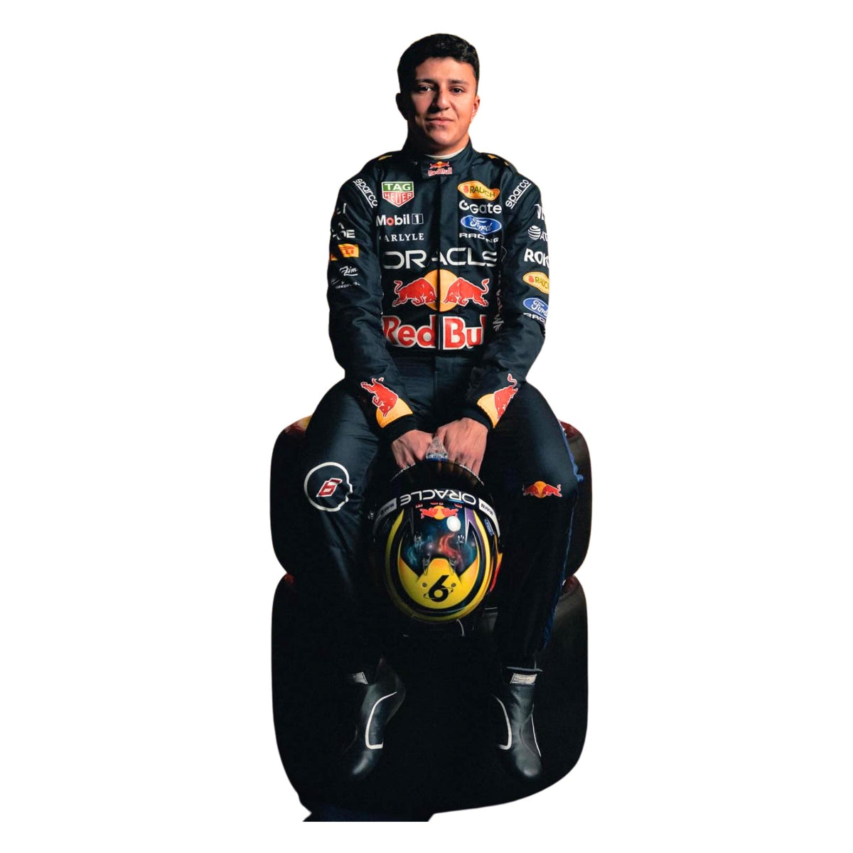 Isack Hadjar wearing a Red bull racing suit with various sponsor logos with Front View