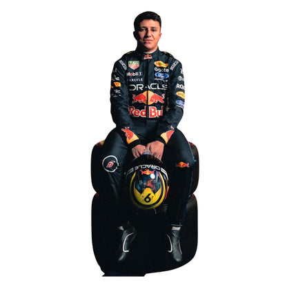 Isack Hadjar wearing a Red bull racing suit with various sponsor logos with Front View