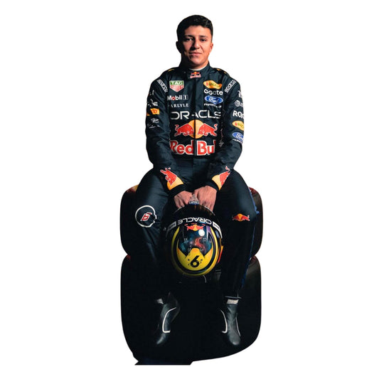 Isack Hadjar wearing a Red bull racing suit with various sponsor logos with Front View