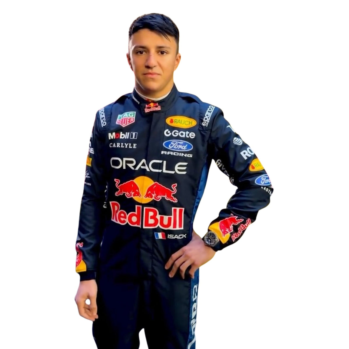 Isack Hadjar wearing a Red bull racing suit with various sponsor logos with Close View