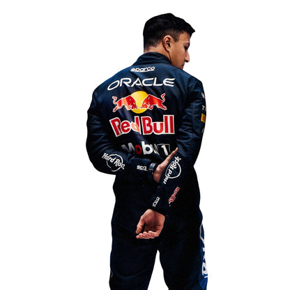 Isack Hadjar wearing a Red bull racing suit with various sponsor logos with Close View
