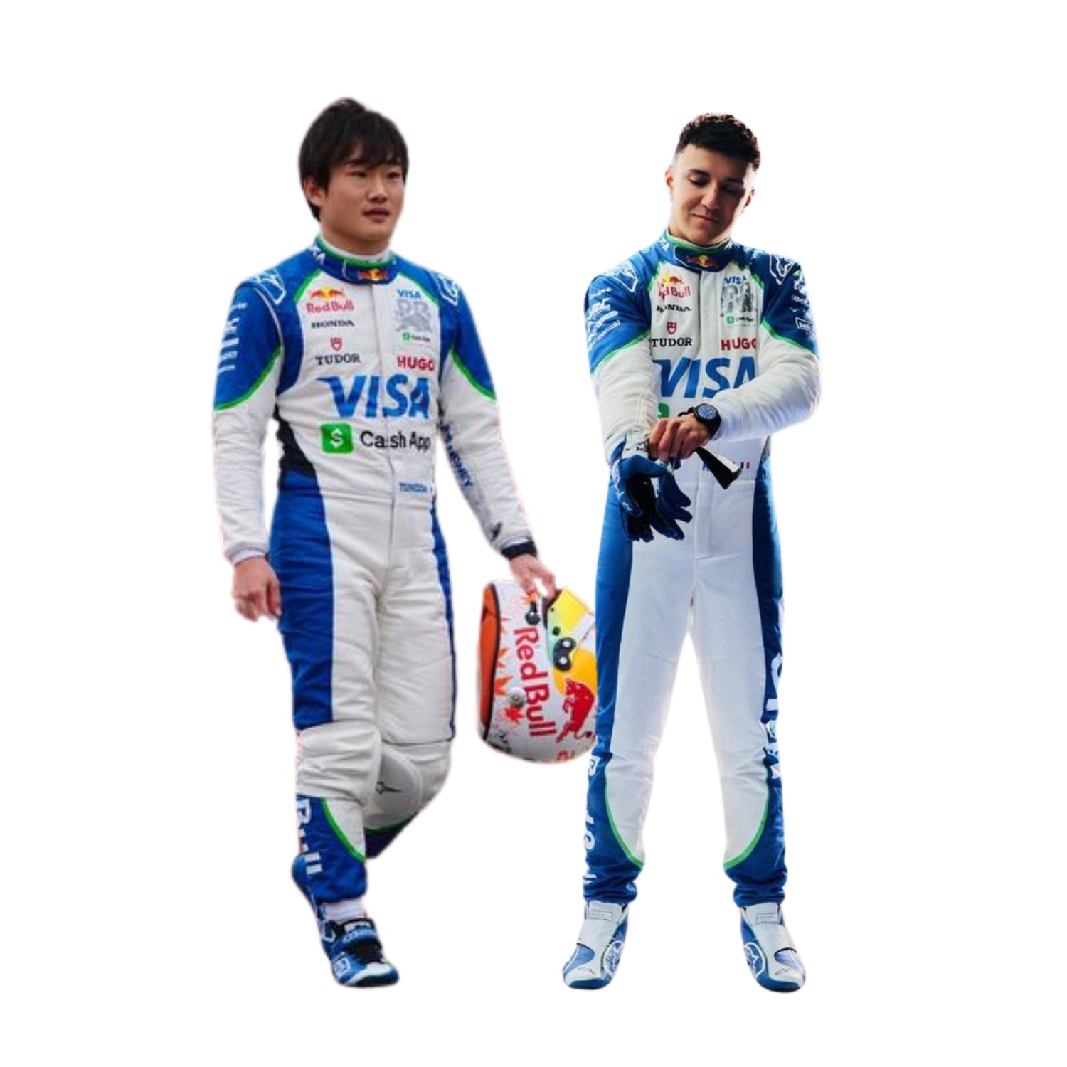 Isack and Yuki in 2025 RB f1 racing suits with visible branding on a white background
