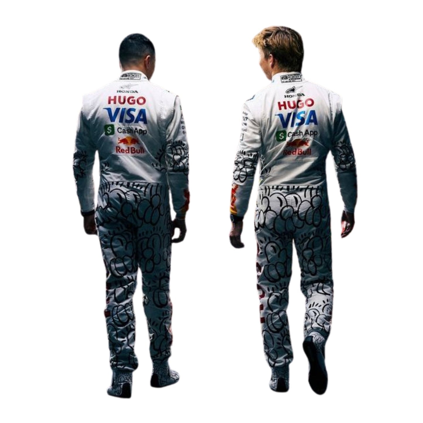 Back views of Liam and Isack wearing a 2025 british racing suit with sponsor logos on a white background