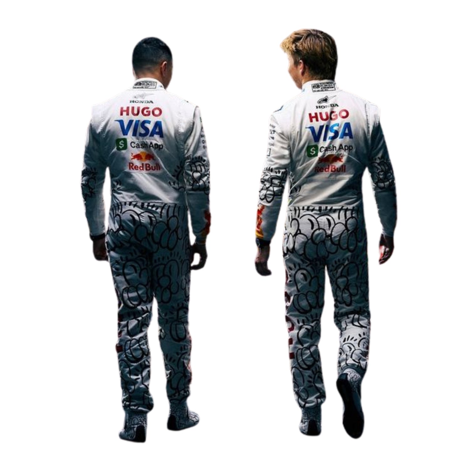 Back views of Liam and Isack wearing a 2025 british racing suit with sponsor logos on a white background