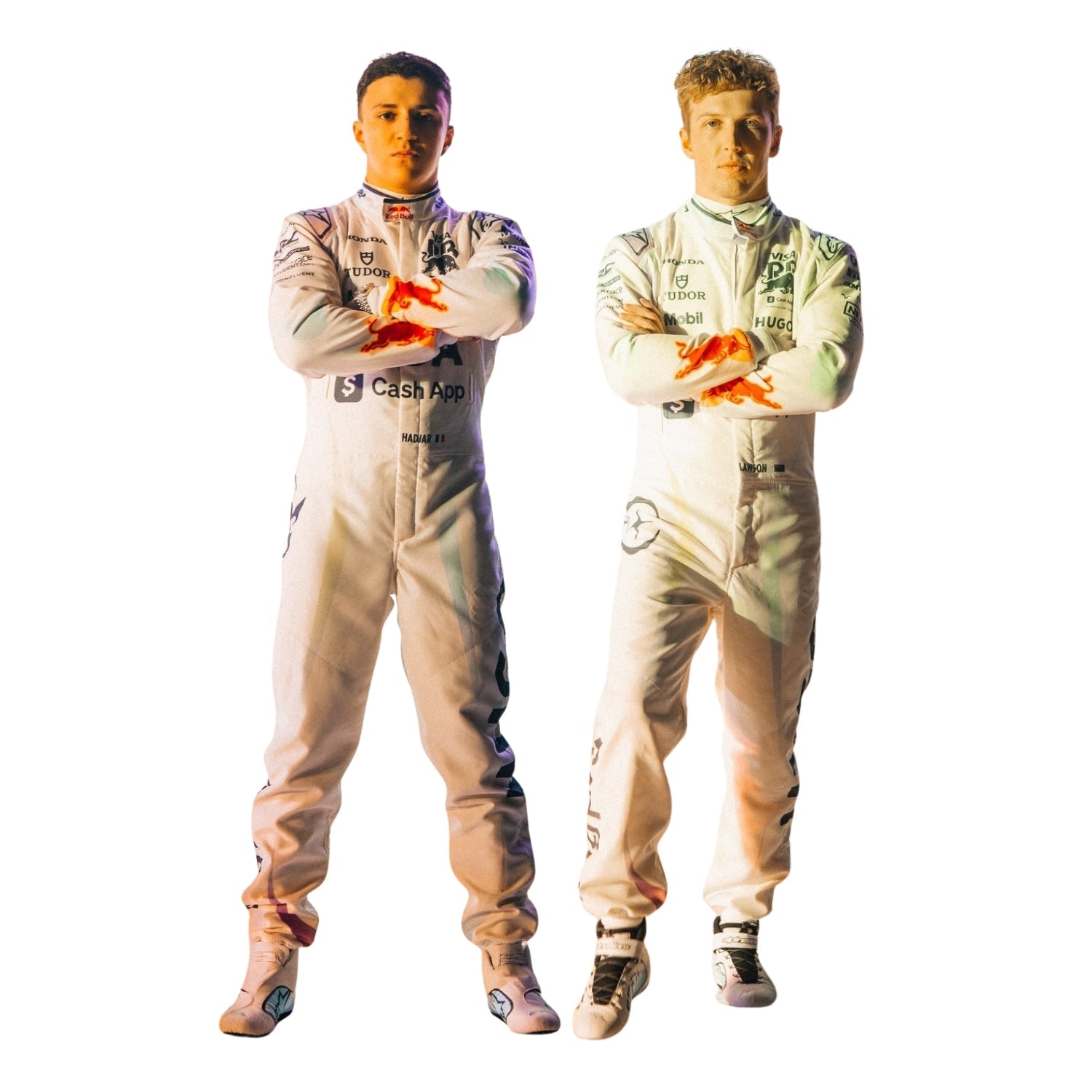 Two individuals in racing suits standing against a white background
