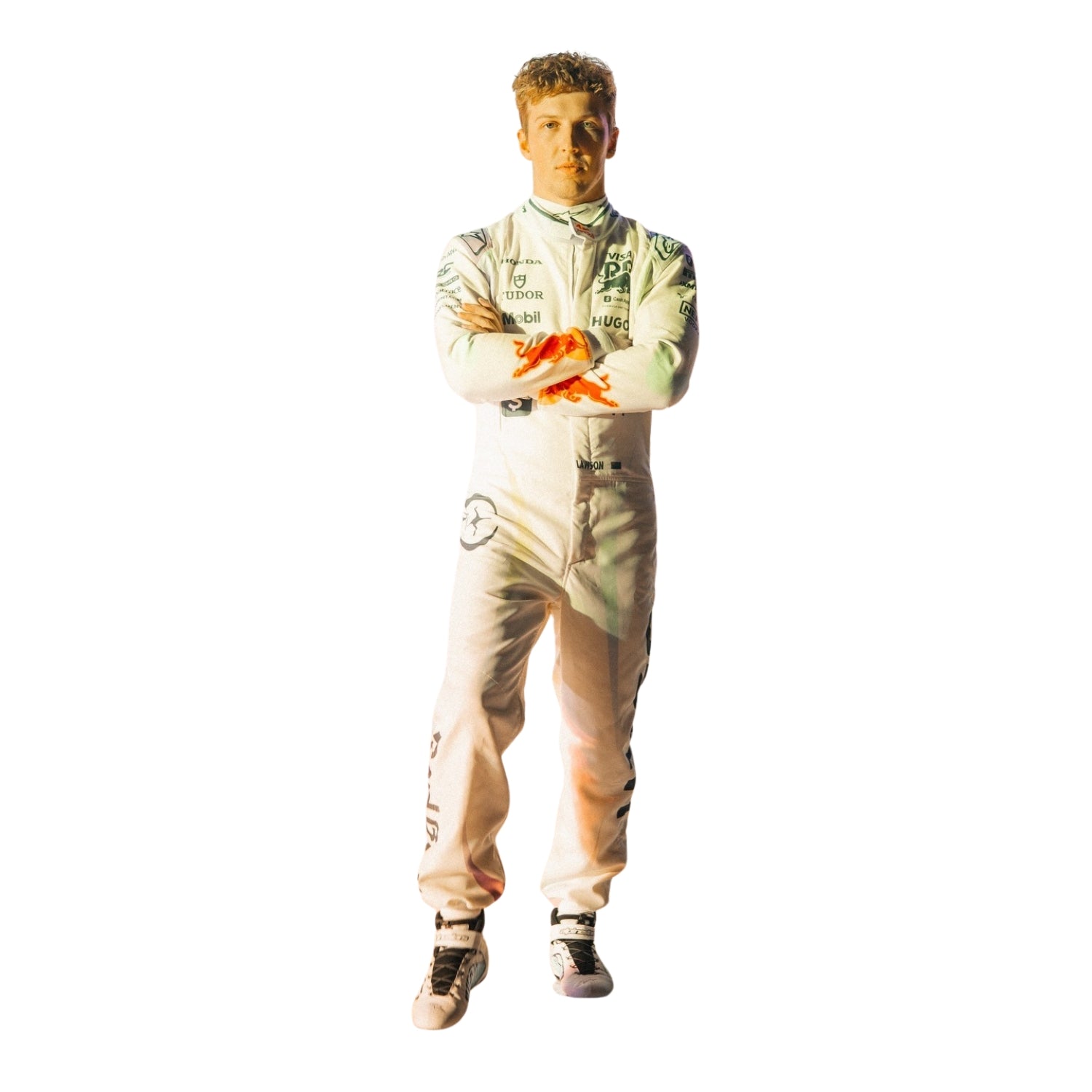 Liam Lawson wearing a las vegas gp 2025 racing suit on a white background