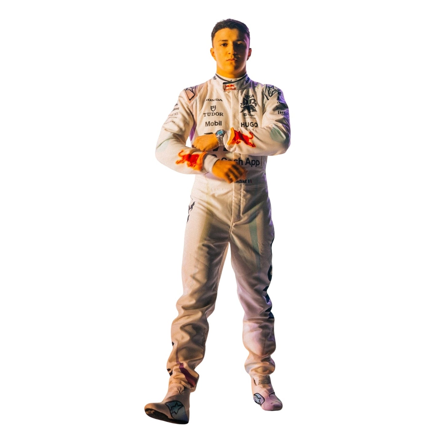 isack wearing a 2025 las vegas gp white racing suit with sponsor logos on a white background