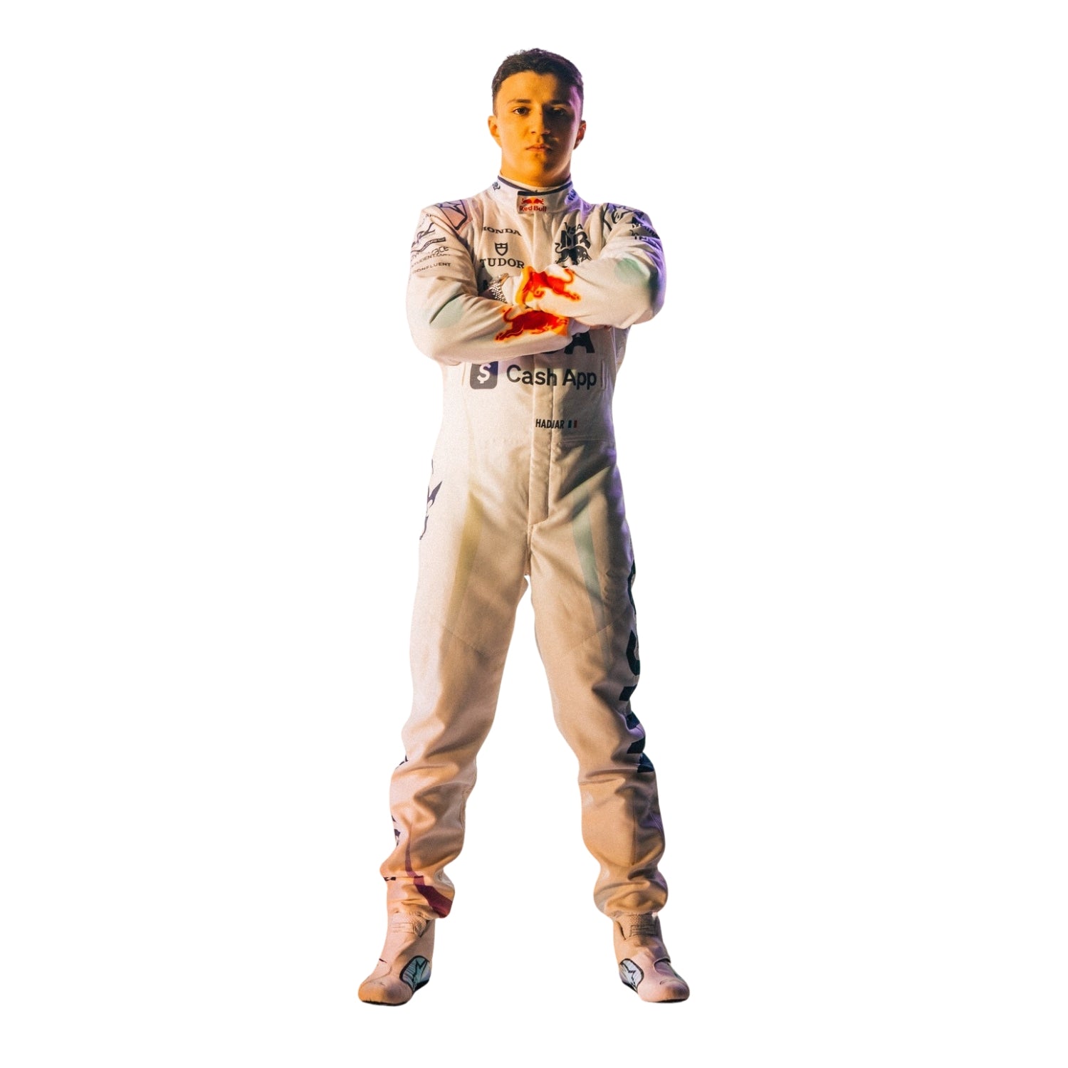 Isack Posing Confidently wearing a las vegas 2025 white racing suit with sponsor logos on a white background