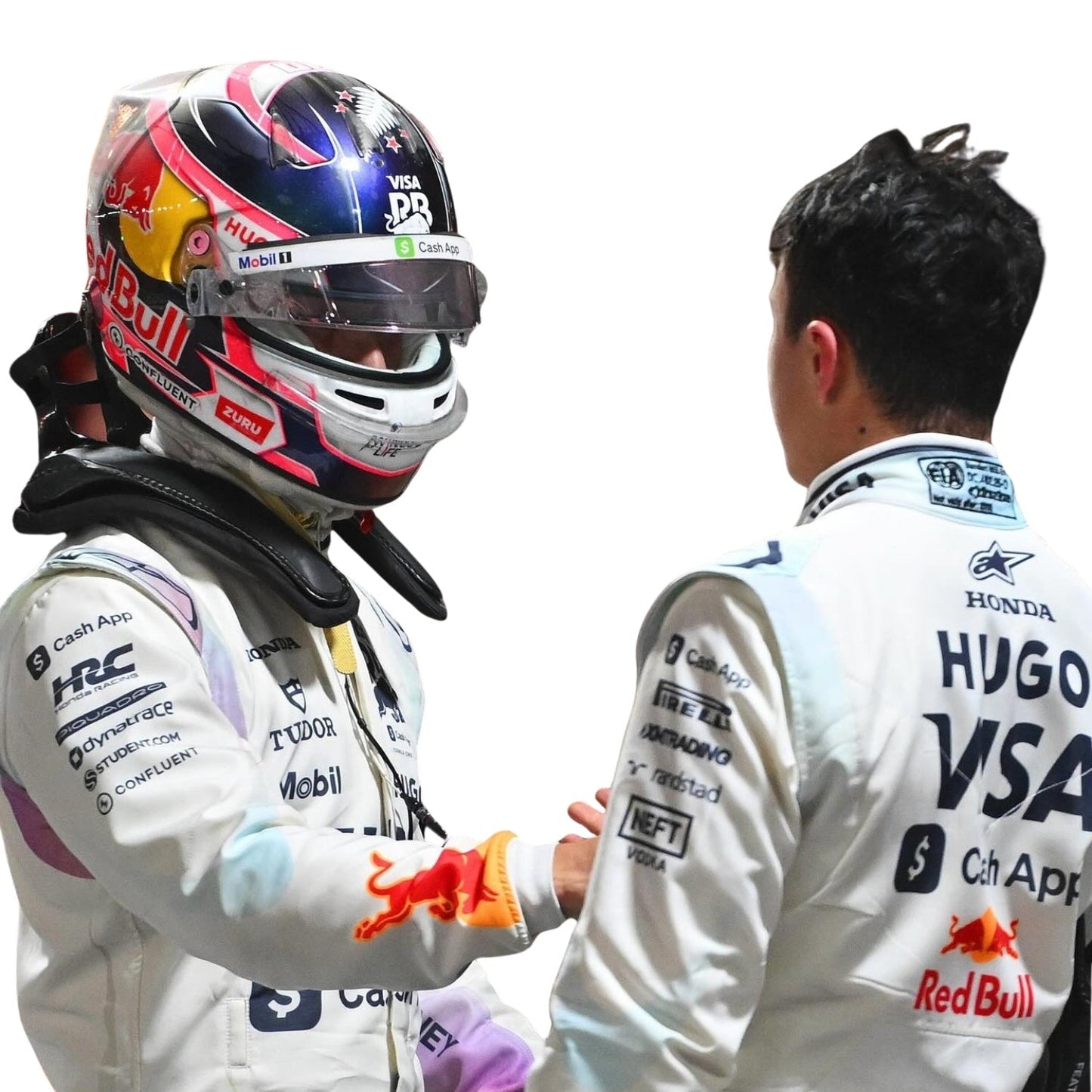 Two Formula 1 drivers Liam and Isack shaking hands, one wearing a helmet with visible branding.