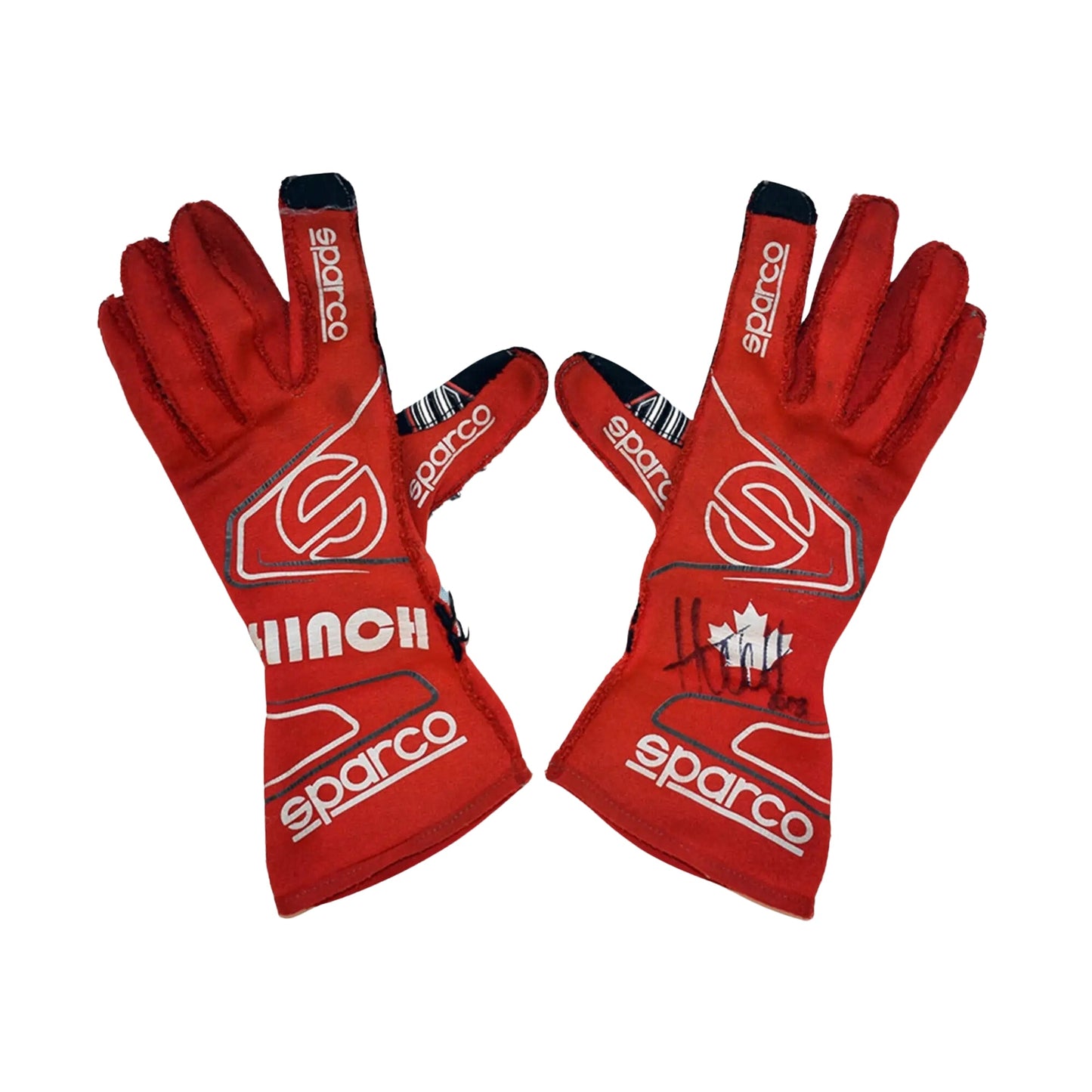 Red James Hinchcliffe 2018 IndyCar race gloves with Sparco branding on a white background