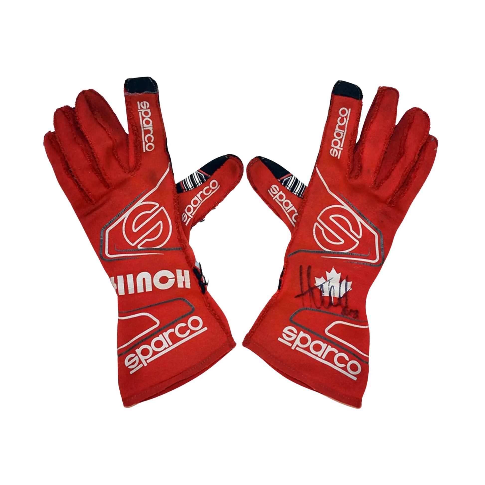 Red James Hinchcliffe 2018 IndyCar race gloves with Sparco branding on a white background